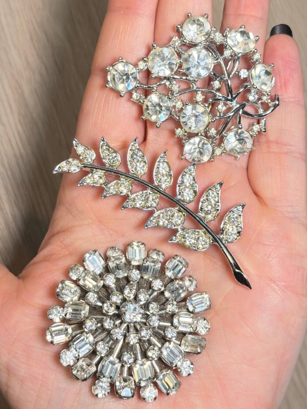 Sarah Coventry Clear Rhinestone Brooch Lot Vintage Silver Tone Leaf Floral Pins